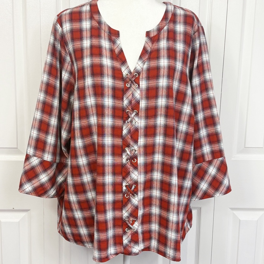 Skies Are Blue Curvy Rust Red Plaid Flannel Lace Up 3/4 Sleeve Shirt 2X